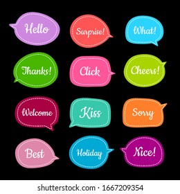 conjunto de palabras bonitas de burbuja con mensajes cortos, espacio de texto con vector de línea de guión, pegatina coloreada con dibujo a mano para símbolo de chat, etiqueta, etiqueta o palabra de diálogo