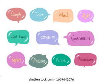 conjunto de palabras bonitas de burbuja con mensaje corto, ilustración vectorial pegatina pintada a mano para símbolo de chat, etiqueta, medio o diálogo