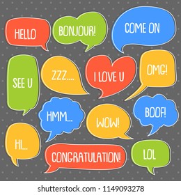 set of cute  bubble speech sticker vector template with retro cartoon style, vintage concept, bithday, 