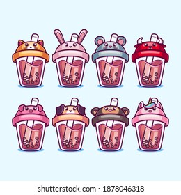 set of cute bubble tea drink animal cartoon character cups