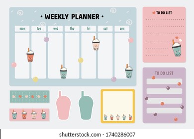 Set of cute bubble tea note papers ,sticker and sticky tape. Collection of weekly planner and notepad. Blank post for message, to do list, memory template ,text box ,banner frame background vector ill