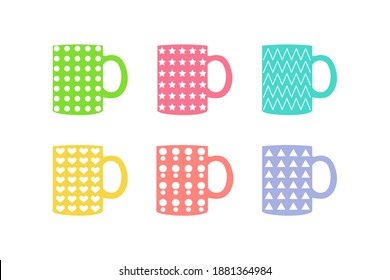 set of cute bubbly cartoon colorful  coffee tea mugs with different patterns vector for printing, backgrounds illustration.