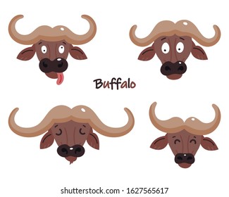 Set of cute buffalos. Sticker. Children's, funny. Cartoon comic book style vector illustration of forest wild animals.