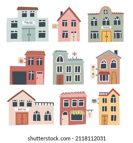 Set cute buildings  Hand drawn vector illustration for kids design 