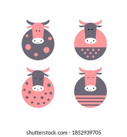 Juego de toros lindos. Ilustración plana de un toro (goby) un símbolo de 2021. Elemento de diseño para pegatinas, tarjetas, volantes, saludos. Ilustración vectorial aislada en fondo blanco.