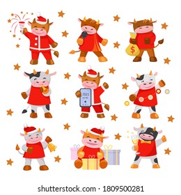 Set of cute bulls. The symbol of the New Year. Vector illustration in flat style. Isolated on white.