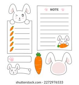 Set of cute bunnies with carrot and sticky note. Vector illustration
