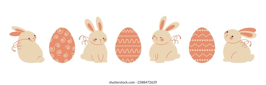 Set of cute bunnies and decorated Easter eggs for Happy Easter designs. Bright and cheerful illustration for greeting cards, invitations, and festive decorations. Playful and charming style