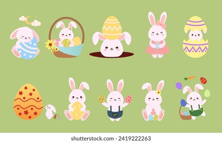 Set of cute bunnies with Easter eggs on green background