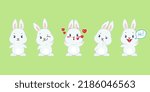 Set of cute bunnies. Flat cartoon illustration of 5 little rabbits of isolated on a light green background. Vector 10 EPS.