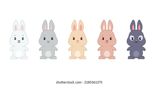 Set of cute bunnies. Flat cartoon illustration of 5 little rabbits of different colors isolated on a white background. Vector 10 EPS.