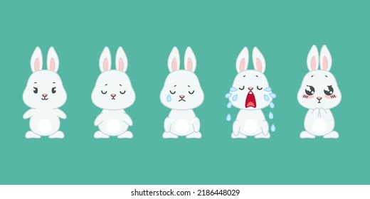 Set of cute bunnies. Flat cartoon illustration of 5 little sad rabbits isolated on a mint green background. Vector 10 EPS.