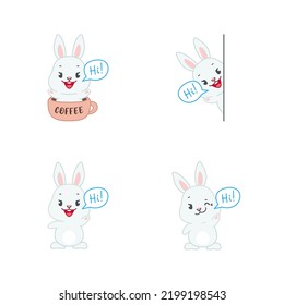 Set of cute bunnies. Flat cartoon illustrations of 4 funny little gray rabbits saying "Hi!" isolated on a white background. Vector 10 EPS.