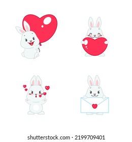 Set of cute bunnies. Flat cartoon illustrations of 4 little rabbits in love isolated on a white background. Vector 10 EPS.