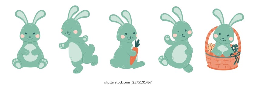 Set of cute bunnies in a flat style isolated on a white background. Bunny is sitting, running, holding carrots in his paws, sitting in a basket with Easter eggs. Vector illustration.