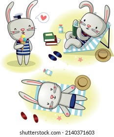 a set of cute bunnies on the beach
