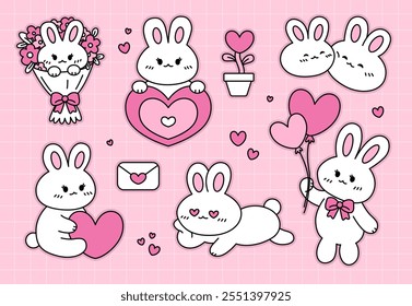 Set of cute bunnies. Sticker pack. Hand drawn vector illustrations. Symbol of love. Valentine's day.