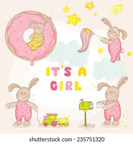 Set of Cute Bunny. Baby Shower or Arrival Cards in vector