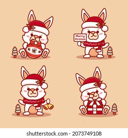 Set of cute bunny celebrating christmas. Holding gift, jingle bell, and merry christmas text.