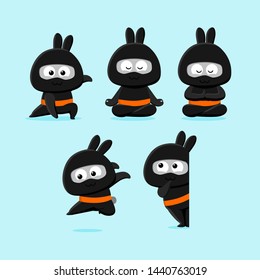 a set of cute bunny character as a ninja and practicing some of ninja style