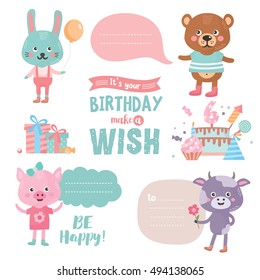 Set with cute bunny, cow, pig and bear. Birthday illustration with gifts, notes and letters. Cartoon animals characters with text space. Simple and cute style.