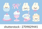 Set of Cute Bunny with Dessert, Pudding with Cherry, Ice Cream Sundae. Hand drawn Cartoon kawaii style. Vector. flat design. 