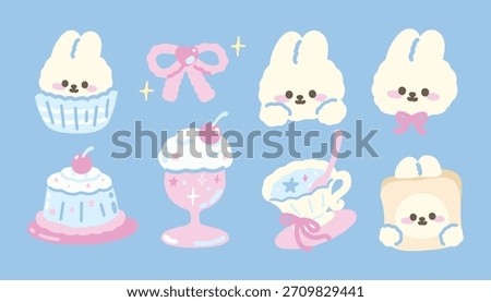 Set of Cute Bunny with Dessert, Pudding with Cherry, Ice Cream Sundae. Hand drawn Cartoon kawaii style. Vector. flat design. 