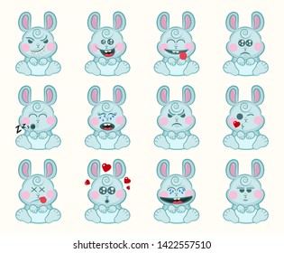 Set of cute bunny with different emotions. Character cartoon rabbit face. Avatar emoticon illustration. Bunny emoji in cartoon style. Chat icon collection. 