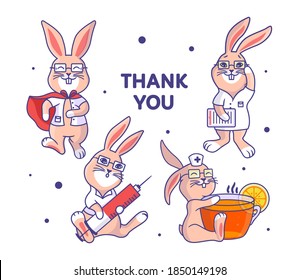 Set of cute bunny doctors. Collection of cartoonish rabbits who are medics with a lettering phrase. Good for family look designs, t-shirts, clothes, stickers, etc. Vector illustration