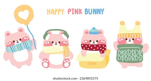 Set of cute bunny doll various poses in winter and autumn concept.Rodent animal character cartoon design.Merry christmas.Rabbit.Baby clothing.Kawaii.Vetor.Illustration.