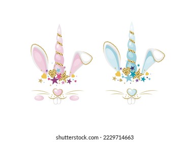 Juego de orejas de conejito y cuerno de unicornio. Afiche lindo con cuerno de unicornio y orejas de conejito. Ilustración vectorial.