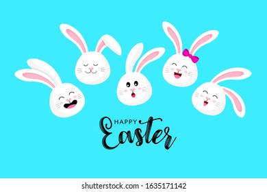 Set of cute bunny face, character design. Easter holiday concept. Vector illustration isolated on blue background.