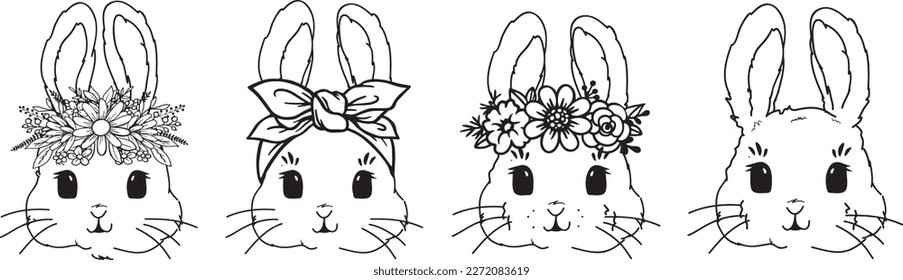Set Of Cute Bunny  Faces With Bandana, Flower. Easter Day. Holiday rabbits. Line Bunny 