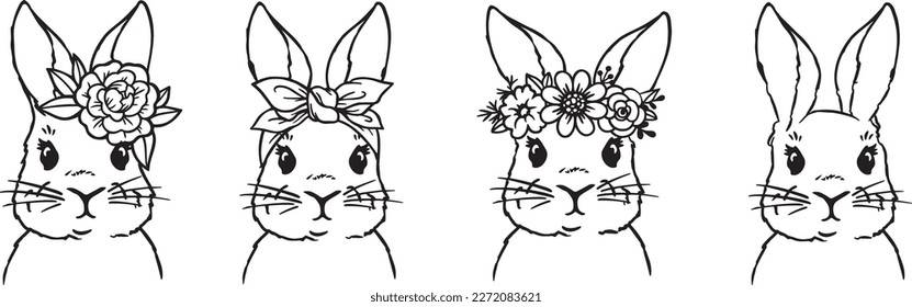 Set Of Cute Bunny  Faces With Bandana, Flower. Easter Day. Holiday rabbits. Line Bunny 