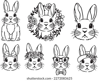 Set Of Cute Bunny  Faces With Bandana, Flower. Easter Day. Holiday rabbits. Line Bunny 