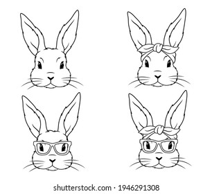 Set of cute bunny faces. Collection of cartoon rabbit faces with glasses and hendband. Holiday rabbits. Eater hare. Colorful illustration isolated on white white. Drawing with children.