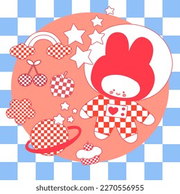 Un juego de lindo conejito divertido. Conjunto de fruta Conejo dulce. Juego de lindos chicos y chicas. Suelo de ajedrez. Astronauta y estrella