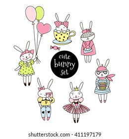 Set of cute bunny girl characters. Doodle style. Kid design.