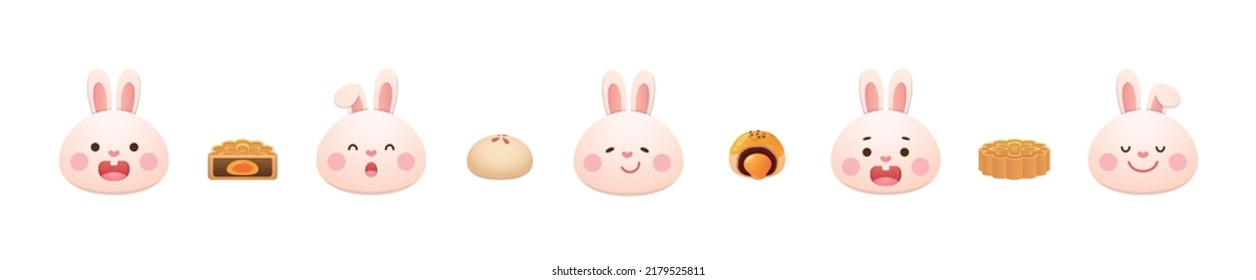 A set of cute bunny mascot characters with traditional food or dessert for mid-autumn festival: moon cake