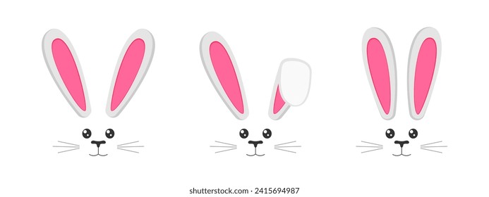 Set of cute bunny muzzles with ears, eyes, nose, mouth and whisker. Decoration elements for Easter party, photo shoot, greeting or invitation card, celebration banner. Vector flat illustration