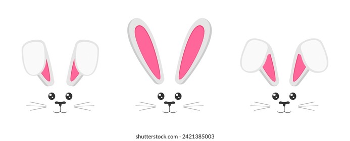 Set of cute bunny muzzles with ears, eyes, nose, mouth and whisker. Decoration elements for Easter party, photo shoots, greeting or invitation cards, celebration banners. Vector flat illustration