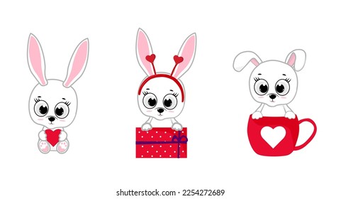 Set cute bunny. Bunny on gift box, in cup, with heart.Design element for greeting cards, love banner, decor.