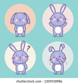 Set of cute bunny rabbit character with different emotions. Vector cartoon bunny character. Vector collection