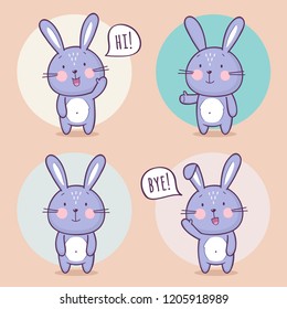 Set of cute bunny rabbit character with different emotions. Vector cartoon bunny character. Vector collection