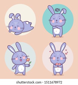 Set of cute bunny rabbit character with different emotions. Vector cartoon bunny character. Vector collection