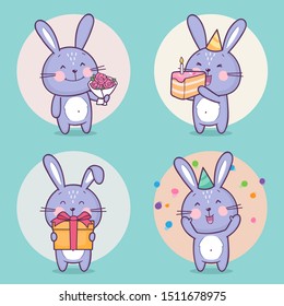 Set of cute bunny rabbit character celebrating holiday, event. Vector cartoon bunny character having fun. Vector collection
