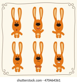 Set of cute bunny rabbit in different emotions in cartoon style.