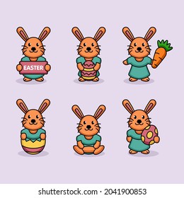Set of cute bunny rabbit easter egg mascot logo design