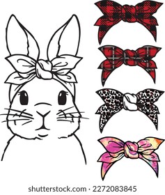 Set Of Cute Bunny Rabbit Face With Bandana Headband Leopard Red Plaid Tie Dye. Easter Day