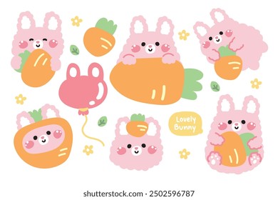 Set of cute bunny rabbit in various poses.Face and head.Easter.Spring.Vegetables.Carrot,balloon,flower,leaf hand drawn.Rodent animal character cartoon design.Kawaii.Vector.Illustration.